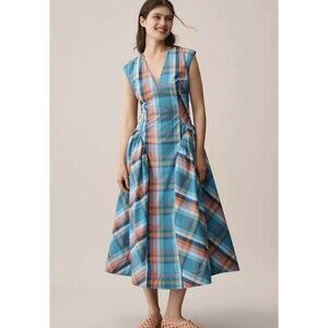 Maeve Sleeveless V-Neck Basque-Waist Midi Dress XS P New With Tags Plaid Gingham